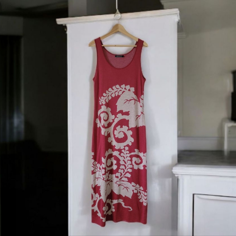 Peruvian Connection 100% Pima Cotton Knit Maxi Tank Dress Floral White & Pink Lg